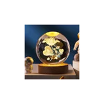 Lampa de veghe Glob Cristal 3D cu Floare, 6cm, lumina calda ambientala, cu baza din lemn, decor delicat pentru dormitor si birou