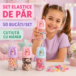 Set 50 Elastice de Păr Colorate în Cutiuță cu Mâner